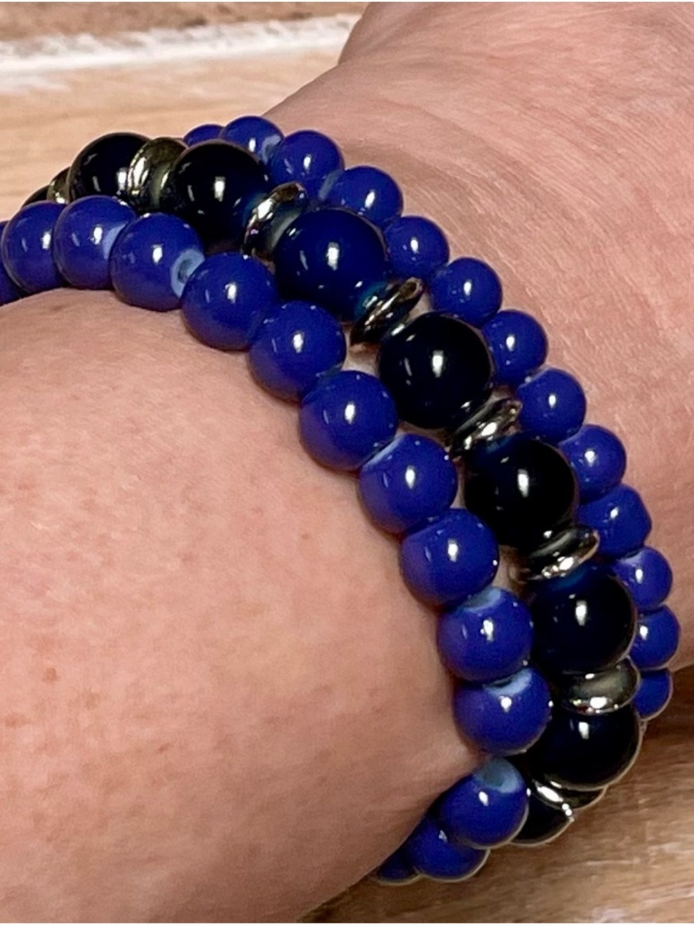 Handmade Blue on Blue Beaded Stretch Bracelet Set - Women Jewelry